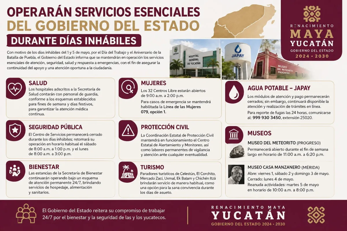 Operarán servicios esenciales del Gobierno del Estado durante días inhábiles